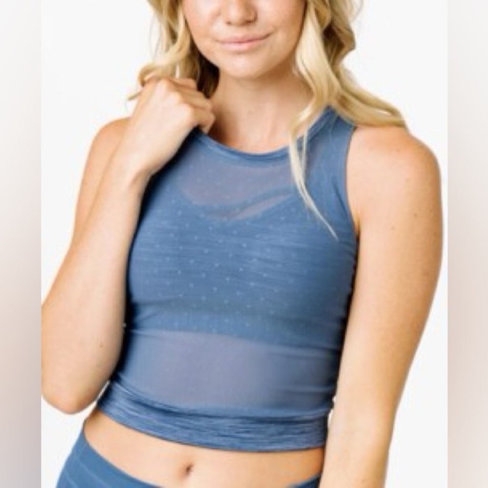 ZYIA Active Luxe Sheer Mesh Dot Crop Top Calm Blue size S